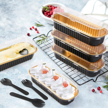 LotFancy 50 Aluminum Foil Mini Loaf Pans with Lids and Spoons,6.8oz Baking Cups Muffin Tins, Black