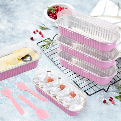 LotFancy 50 Aluminum Foil Mini Loaf Pans with Lids and Spoons, 6.5in Disposable Mini Cake Pans, Pink