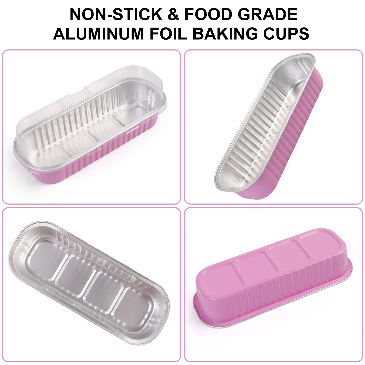 LotFancy 50 Aluminum Foil Mini Loaf Pans with Lids and Spoons, 6.5in Disposable Mini Cake Pans, Pink