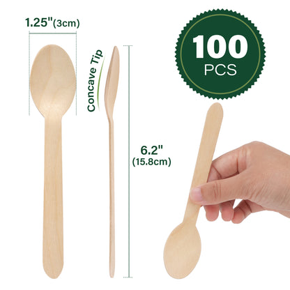 LotFancy 100 Disposable Wooden Spoons, 6.25 in Biodegradable Compostable Sampling Tasting Spoons