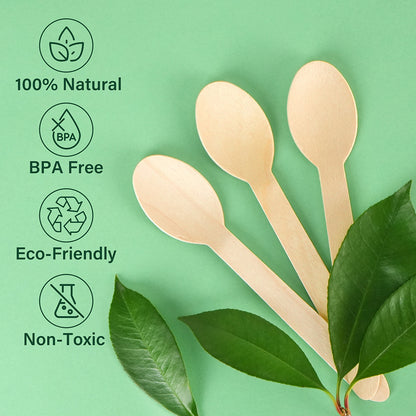 LotFancy 100 Disposable Wooden Spoons, 6.25 in Biodegradable Compostable Sampling Tasting Spoons