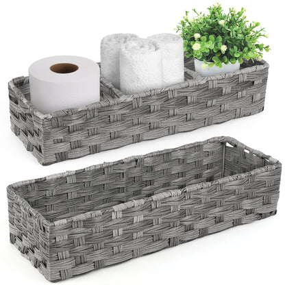 LotFancy Toilet Paper Storage Basket, 2 Pack Woven Toilet Tank Topper Basket, Back of Toilet Storage Basket, Rustic Farmhouse Bathroom Décor, Grey PMT