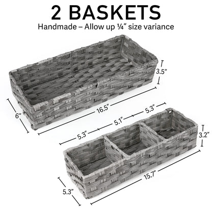 LotFancy Toilet Paper Storage Basket, 2 Pack Woven Wicker Toilet Tray Tank Topper Baskets,Gray