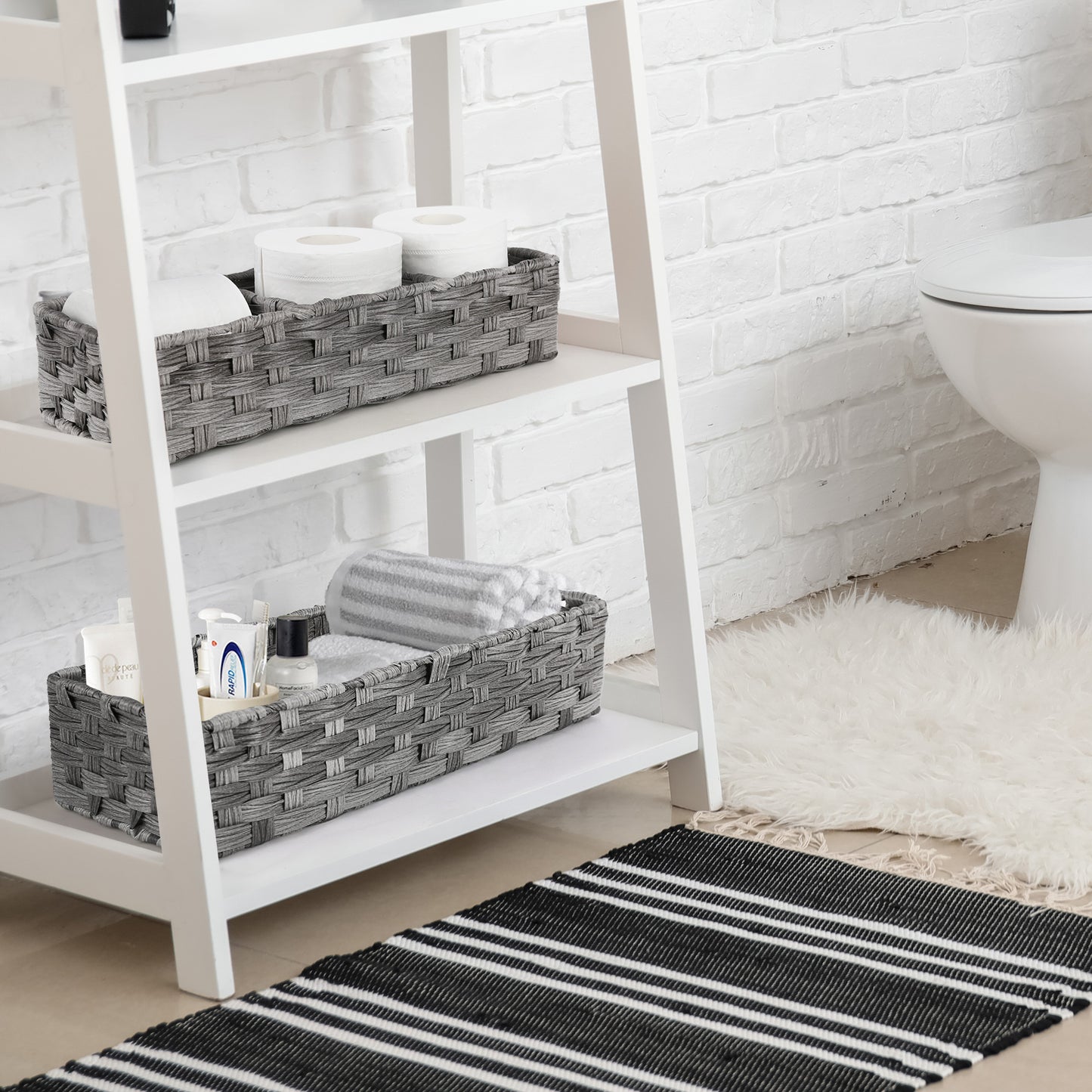 LotFancy Toilet Paper Storage Basket, 2 Pack Woven Wicker Toilet Tray Tank Topper Baskets,Gray