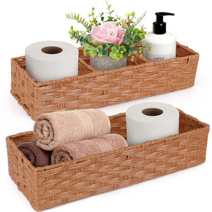 LotFancy Toilet Paper Storage Basket, 2 Pack Woven Toilet Tank Topper Basket, Back of Toilet Storage Basket, Rustic Farmhouse Bathroom Décor, Grey PMT