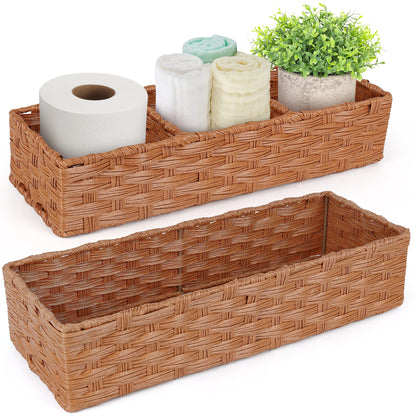 LotFancy Toilet Paper Storage Basket, 2 Pack Woven Toilet Tank Topper Basket, Back of Toilet Storage Basket, Rustic Farmhouse Bathroom Décor, Grey PMT