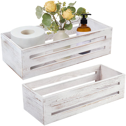 LotFancy Bathroom Decor Box, 2 Pack Wooden Toilet Paper Holder, White Toilet Storage Basket for Back of Toilet, Farmhouse Toilet Tank Topper PMT