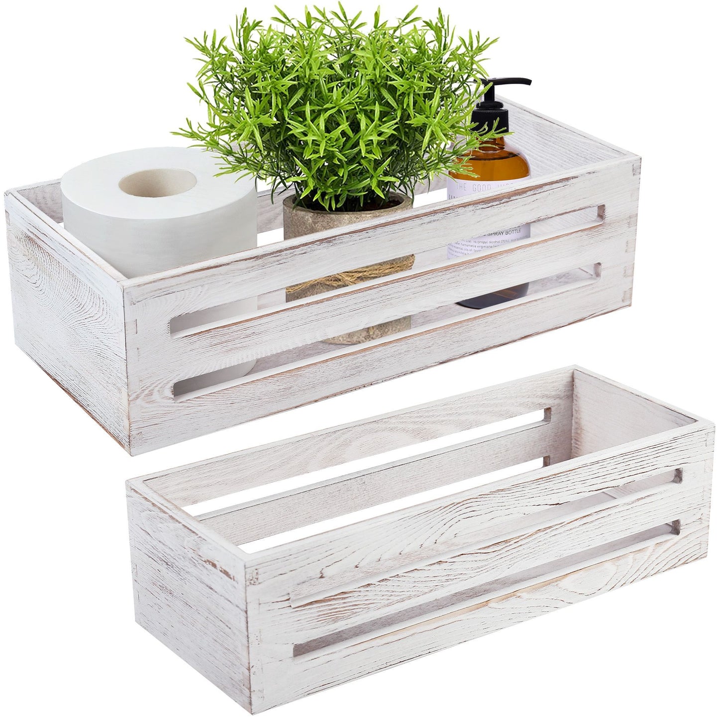 LotFancy Bathroom Decor Box, 2 Pack Wooden Toilet Paper Holder, White Toilet Storage Basket for Back of Toilet, Farmhouse Toilet Tank Topper PMT