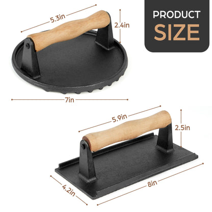 LotFancy Burger Press, 2 Pack Heavy-Duty Cast Iron Smash Bacon Press Meat Steak, 7 in & 8 x 4.2 in