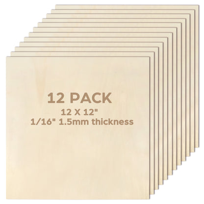 LotFancy Basswood Sheets, 12 Pack, 12 x 12 x 1/16 in, Plywood Sheets, 1.5mm Square Craft Wood Board
