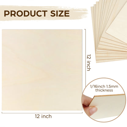LotFancy Basswood Sheets, 12 Pack, 12 x 12 x 1/16 in, Plywood Sheets, 1.5mm Square Craft Wood Board