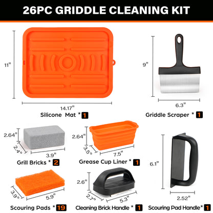 LotFancy Griddle Cleaning Kit for Blackstone, 26 Pc Flat Top Grill Cleaner Accessories, Griddle Scraper, Scouring Pad, Silicone Spatula Mat, Grill Stone, Grease Cup Liner