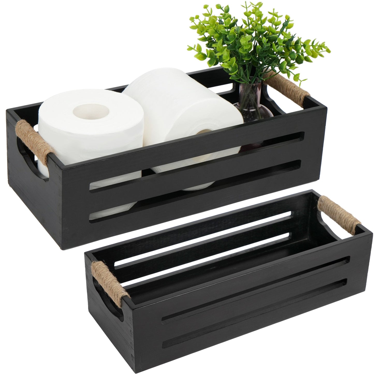 LotFancy 2Pcs Black Wood Bathroom Decor Boxes Toilet Tank Baskets, Handles wtih Hemp Ropes,34x15.5x10 cm,31x12.5x8.5 cm WMT