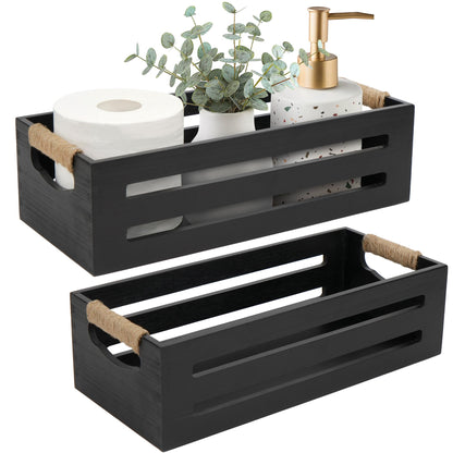 LotFancy 2Pcs Black Wood Bathroom Decor Boxes Toilet Tank Baskets, Handles wtih Hemp Ropes,34x15.5x10 cm,31x12.5x8.5 cm WMT