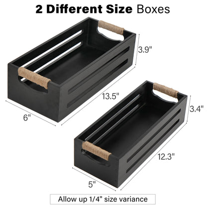 LotFancy 2Pcs Black Wood Bathroom Decor Boxes Toilet Tank Baskets, Handles wtih Hemp Ropes,34x15.5x10 cm,31x12.5x8.5 cm