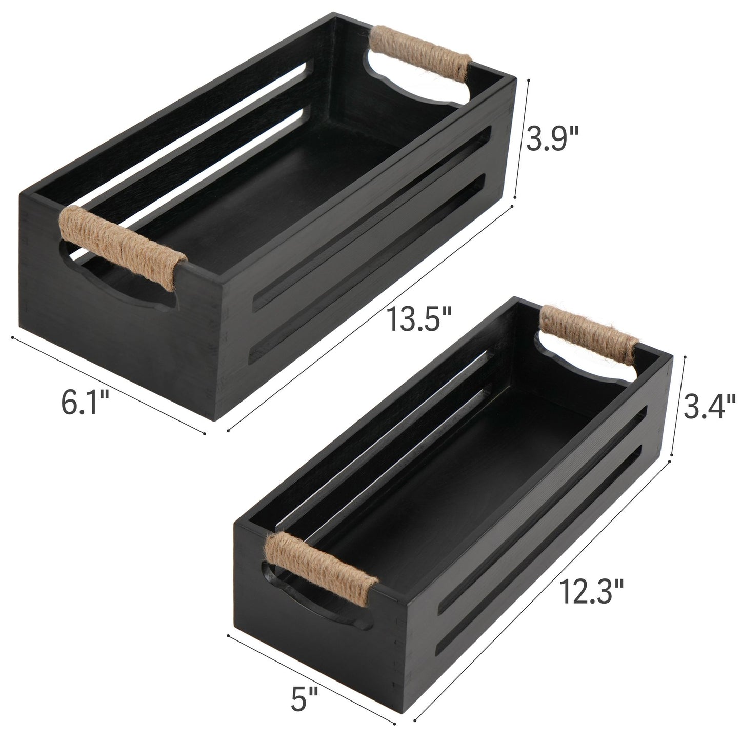 LotFancy 2Pcs Black Wood Bathroom Decor Boxes Toilet Tank Baskets, Handles wtih Hemp Ropes,34x15.5x10 cm,31x12.5x8.5 cm WMT