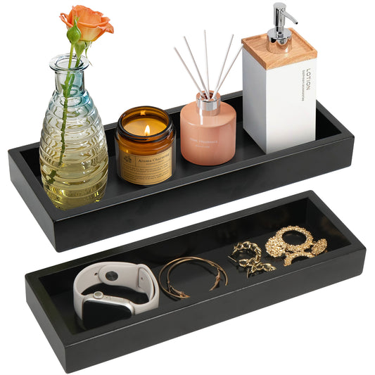 LotFancy 2Pcs Black Wood Bathroom Vanity Trays for Perfume Candle Jewelry,28.5x11x3.5cm,26x8.5x3cm