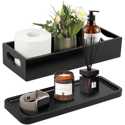 LotFancy Wood Toilet Tanks Baskets Toppers, 2 Pcs Vanity Tray Set for Bathroom, Spa, Kitchen, Black