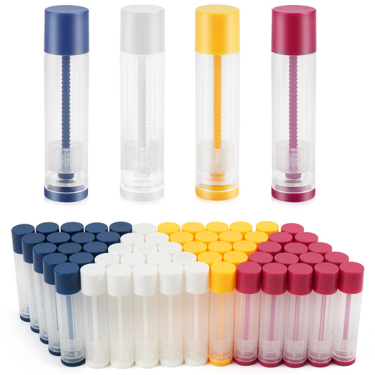 LotFancy Lip Balm Tubes, 60 Empty, 5.5ml, Clear Plastic Containers with 4 Color Caps, BPA Free, Leak Free, Refillable (Yellow White Blue Red)