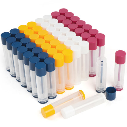 LotFancy Lip Balm Tubes, 60 Empty, 5.5ml, Clear Plastic Containers with 4 Color Caps, BPA Free, Leak Free, Refillable (Yellow White Blue Red)