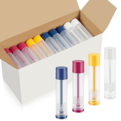 LotFancy Lip Balm Tubes, 60 Empty, 5.5ml, Clear Plastic Containers with 4 Color Caps, BPA Free, Leak Free, Refillable (Yellow White Blue Red)