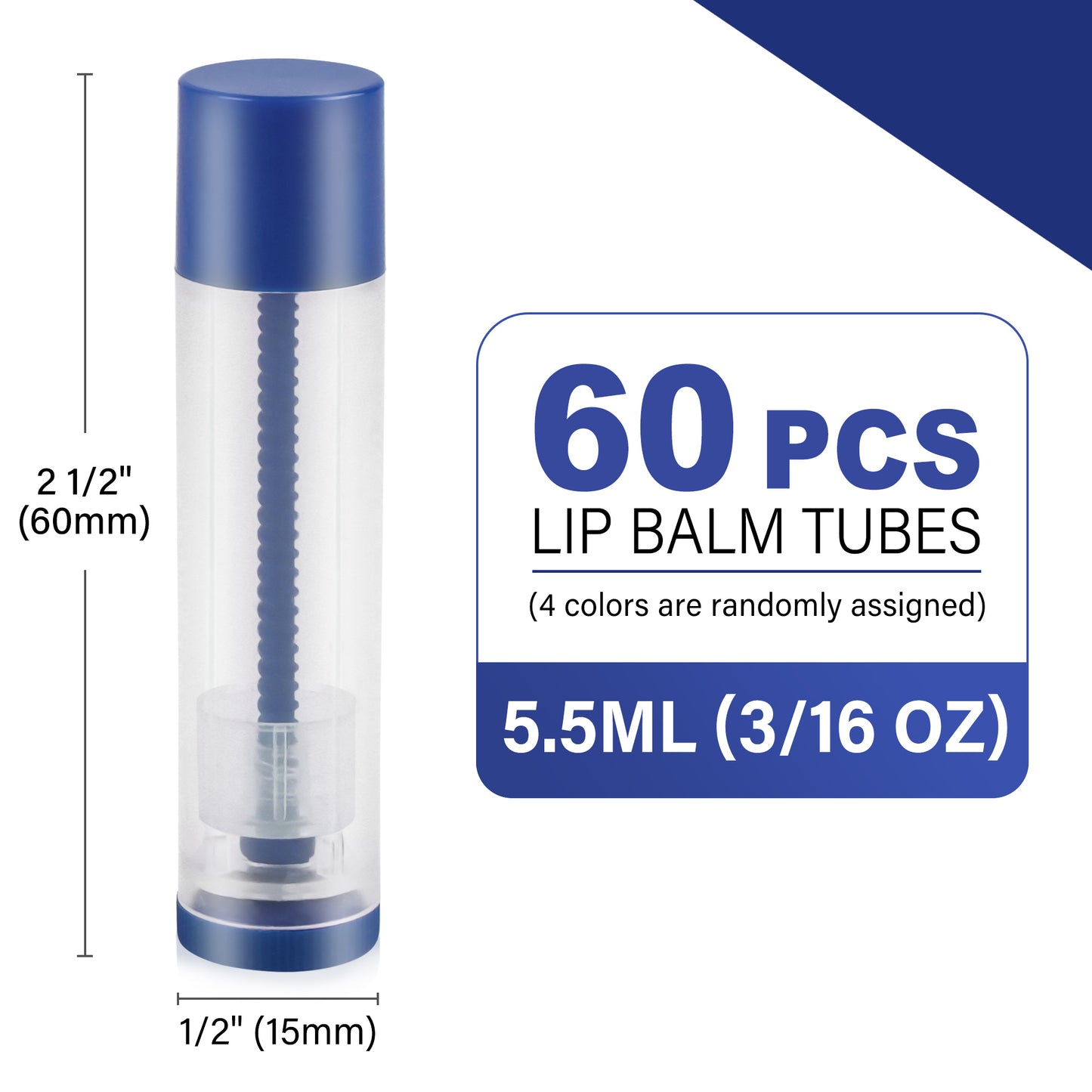 LotFancy Lip Balm Tubes, 60 Empty, 5.5ml, Clear Plastic Containers with 4 Color Caps, BPA Free, Leak Free, Refillable (Yellow White Blue Red)