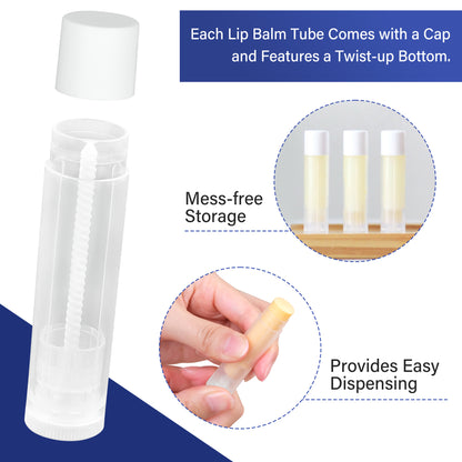 LotFancy Lip Balm Tubes, 60 Empty, 5.5ml, Clear Plastic Containers with 4 Color Caps, BPA Free, Leak Free, Refillable (Yellow White Blue Red)