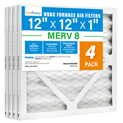 LotFancy 12x12x1 Air Filters, 4 Pack, MERV 8 Pleated HVAC AC Furnace Filters