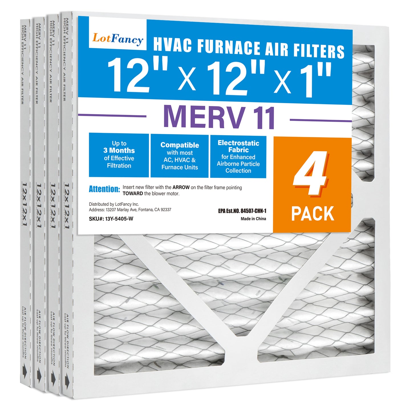 LotFancy 12x12x1 Air Filters, 4 Pack, MERV 11 Pleated HVAC AC Furnace Filters