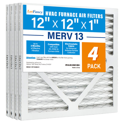 LotFancy 12x12x1 Air Filters, MERV 13 Pleated HVAC AC Furnace Air Filters, 4 Pack