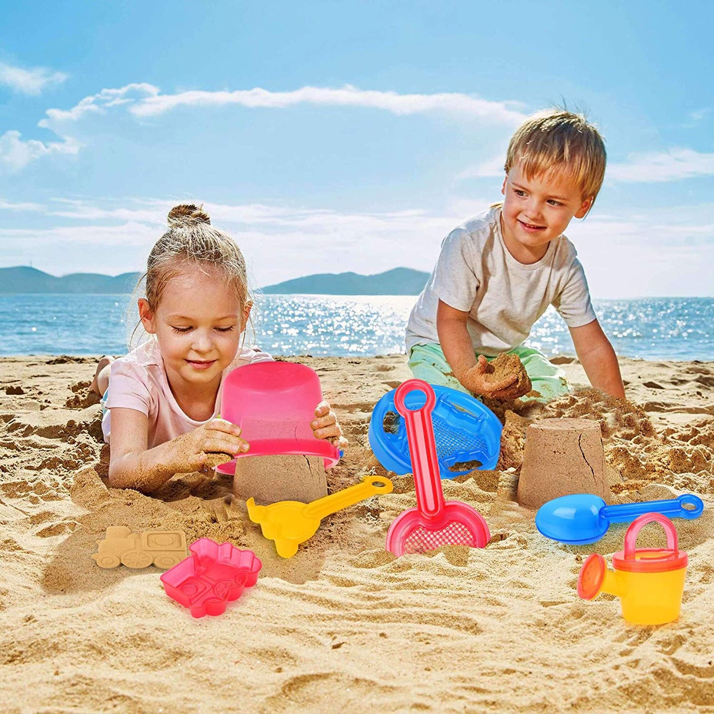 LotFancy Beach Toy Set, Sand Toy for Toddlers, Beach Bucket with Sand Sifter Cover, Shovel, Star Mold, Rake, Watering Can and Sifter Shovel Tool Kit for Kids Outdoor Toys