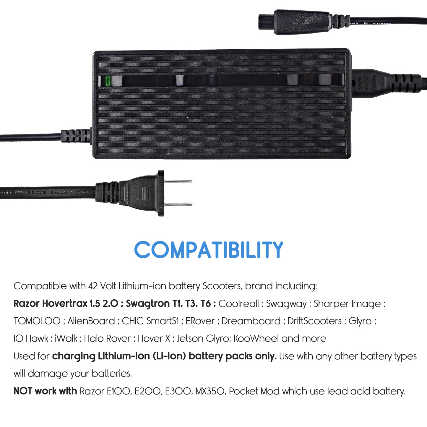 LotFancy 42V Battery Charger for Electric Scooters, 36V Lithium Battery, 2A Power Supply Adapter, UL Listed, Mini 3-Prong Inline Connector