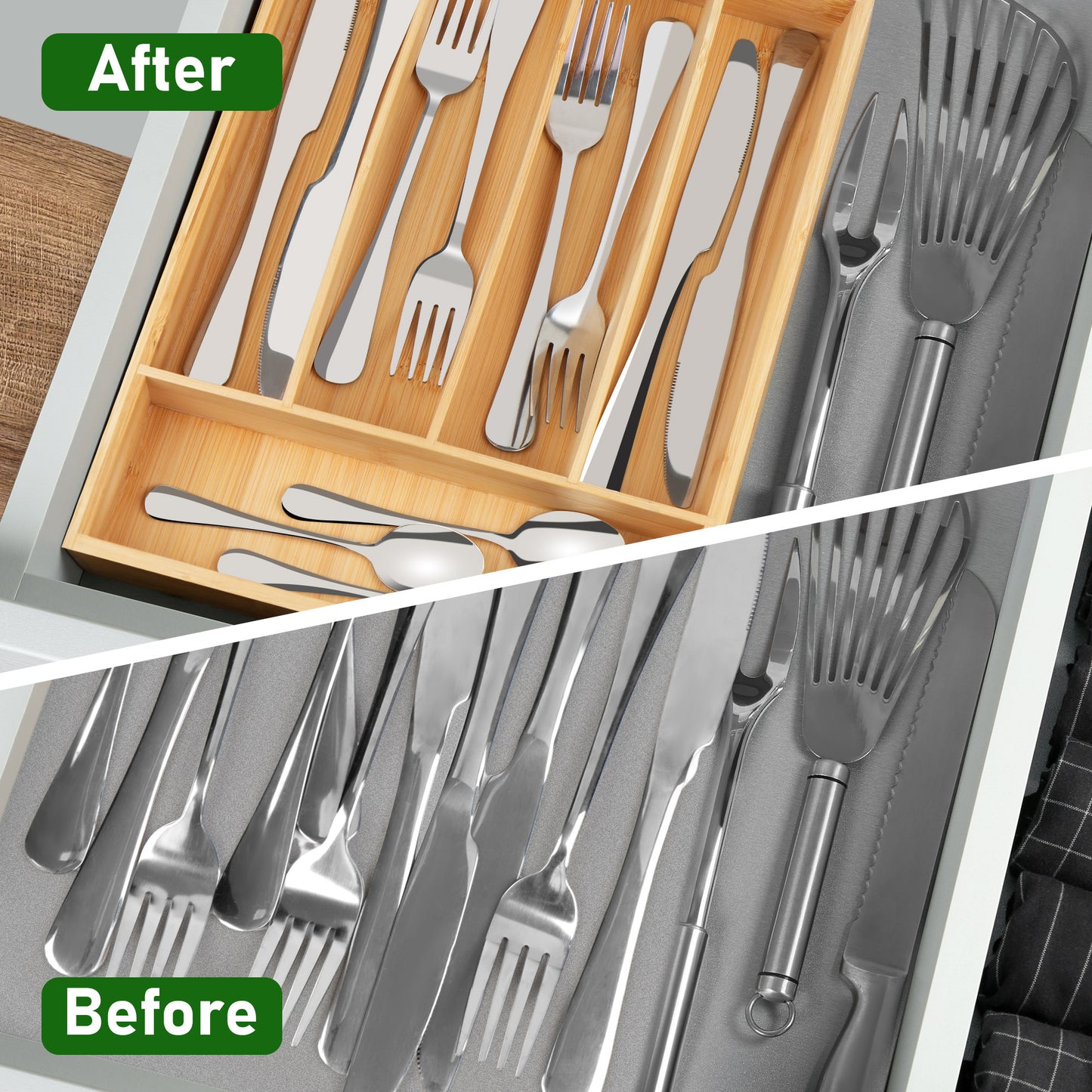 LotFancy Bamboo Kitchen Drawer Organizer for Large Cutlery, Utensil Holder and Silverware Tray