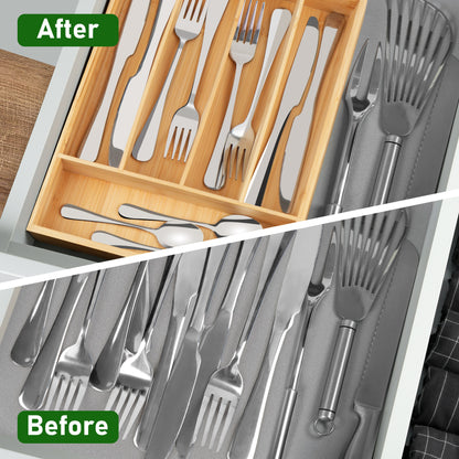 LotFancy Bamboo Kitchen Drawer Organizer for Large Cutlery, Utensil Holder and Silverware Tray