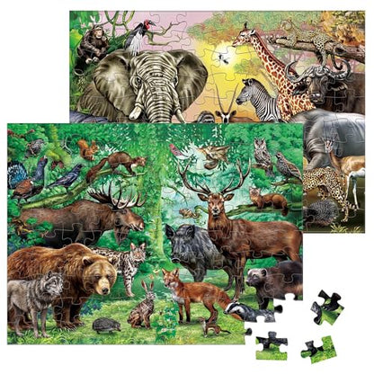 BenBen Puzzles for Kids Ages 4-6, Double Sided 100 Piece Puzzles for Kids, 2 in 1 Puzzle, Wild Animals, Learning Educational Jigsaw Puzzles Toys for Boys Girls (15.75” x 11.75”)