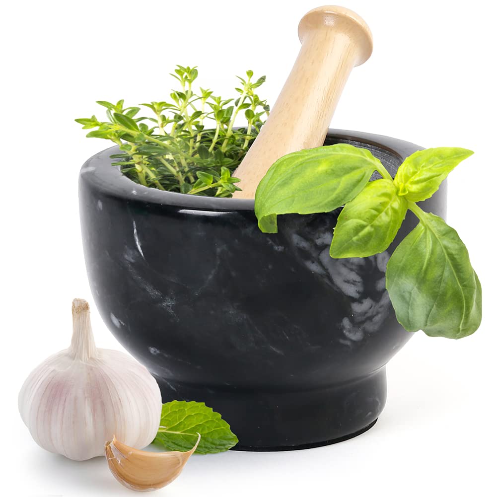 LotFancy Mortar and Pestle Set, 5 inch Large Black Solid Marble Mortar for Guacamole