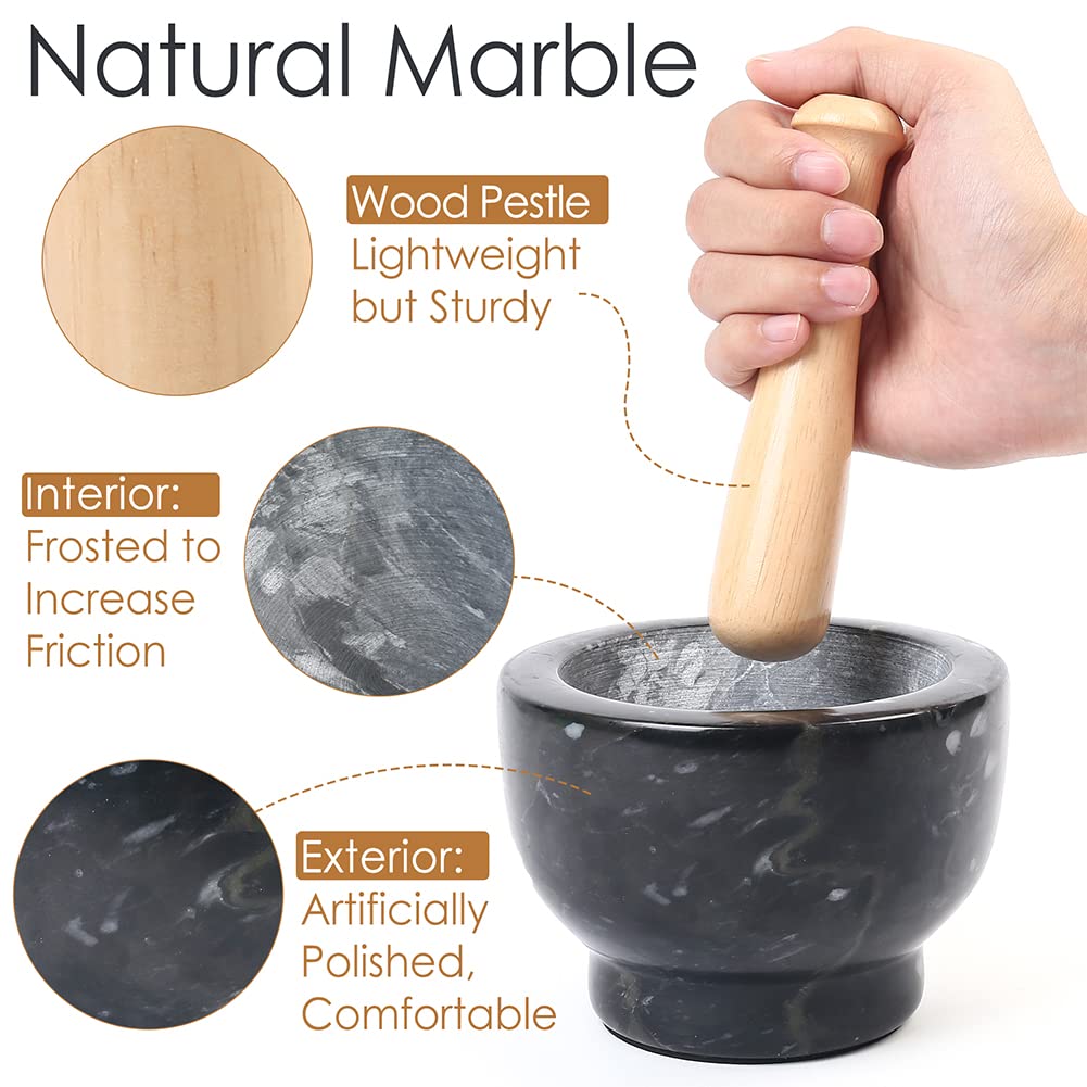LotFancy Mortar and Pestle Set, 5 inch Large Black Solid Marble Mortar for Guacamole