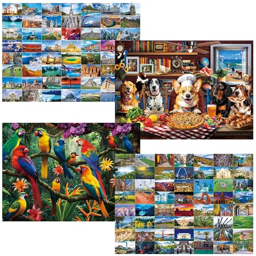 BenBen 1000 Piece Puzzle for Adults, 4 Pack Jigsaw Puzzles with Letters or Patterns on Back, World Landscape, USA Landmarks, Dogs' Dinner Party, Jungle Parrots