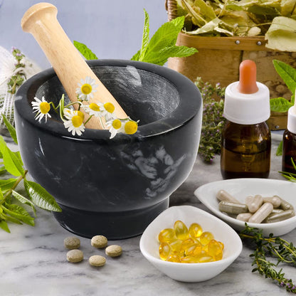 LotFancy Mortar and Pestle Set, 5 inch Large Black Solid Marble Mortar for Guacamole
