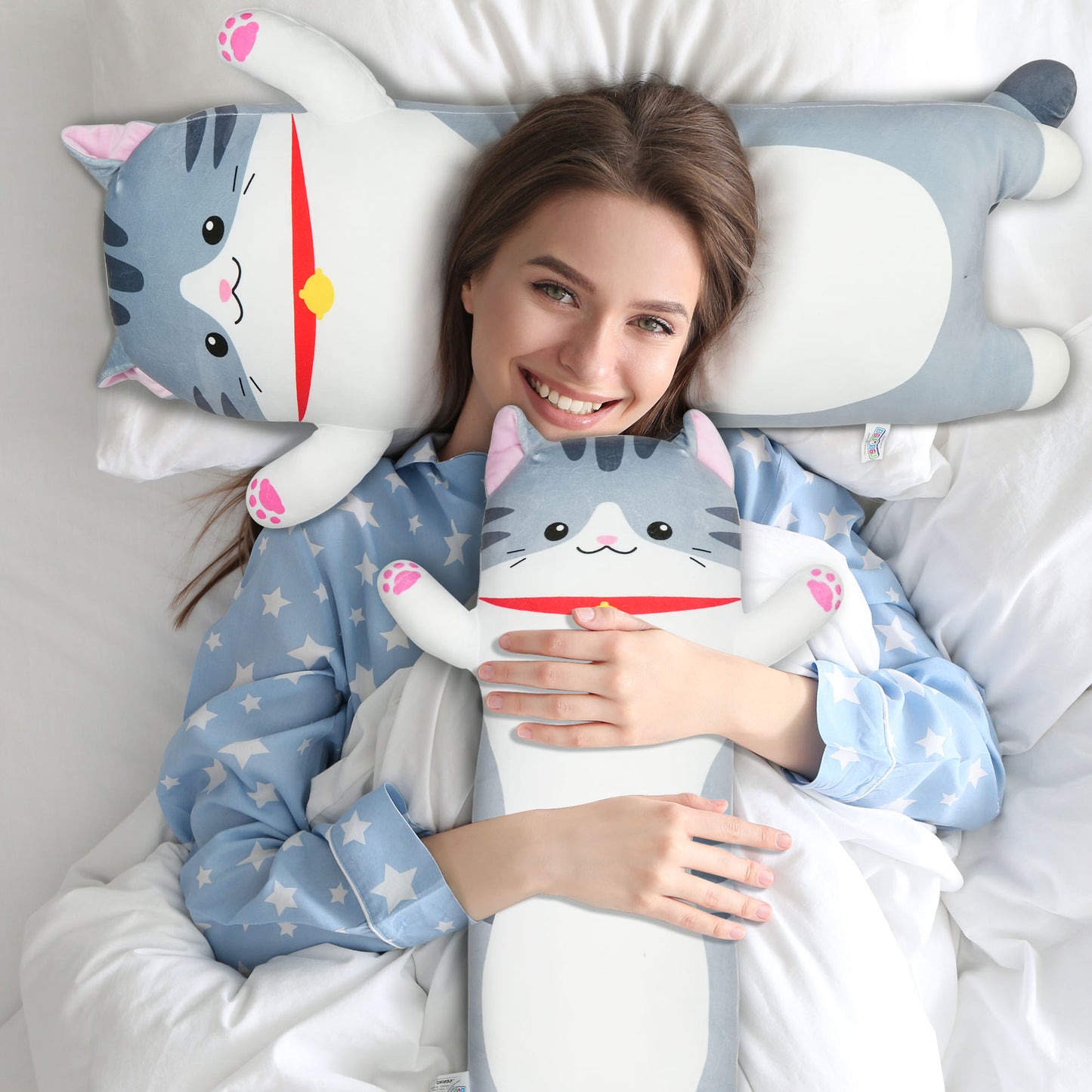 BenBen Grey Cat Soft Pillow, Stuffed Plush Long Throw Sleeping Pillow Toy