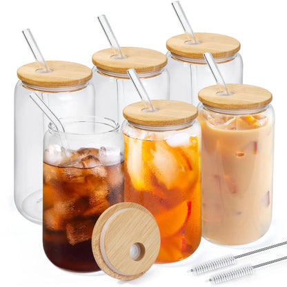 LotFancy 6Pcs Glass Cups with Bamboo Lids and Glass Straw, 16oz Can Shaped Drinking Glasses
