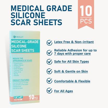 MEDLOT Silicone Scar Sheets, Silicone Tape for Scar Treatment, Reusable Scar Strips for Surgical, C-Section, Keloid Bump, Stretch Marks, Burn, Acne Scar Removal PMT