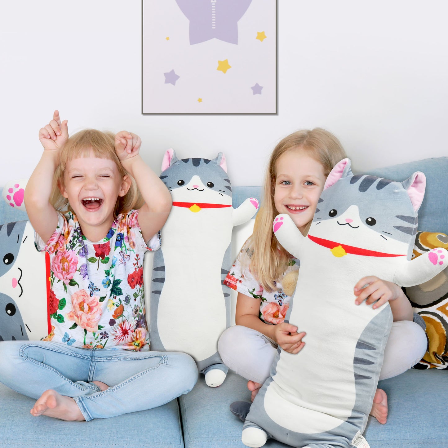 BenBen Long Cat Plush Pillow, Cat Stuffed Animal Body Pillow for Kids, 20 in, Grey