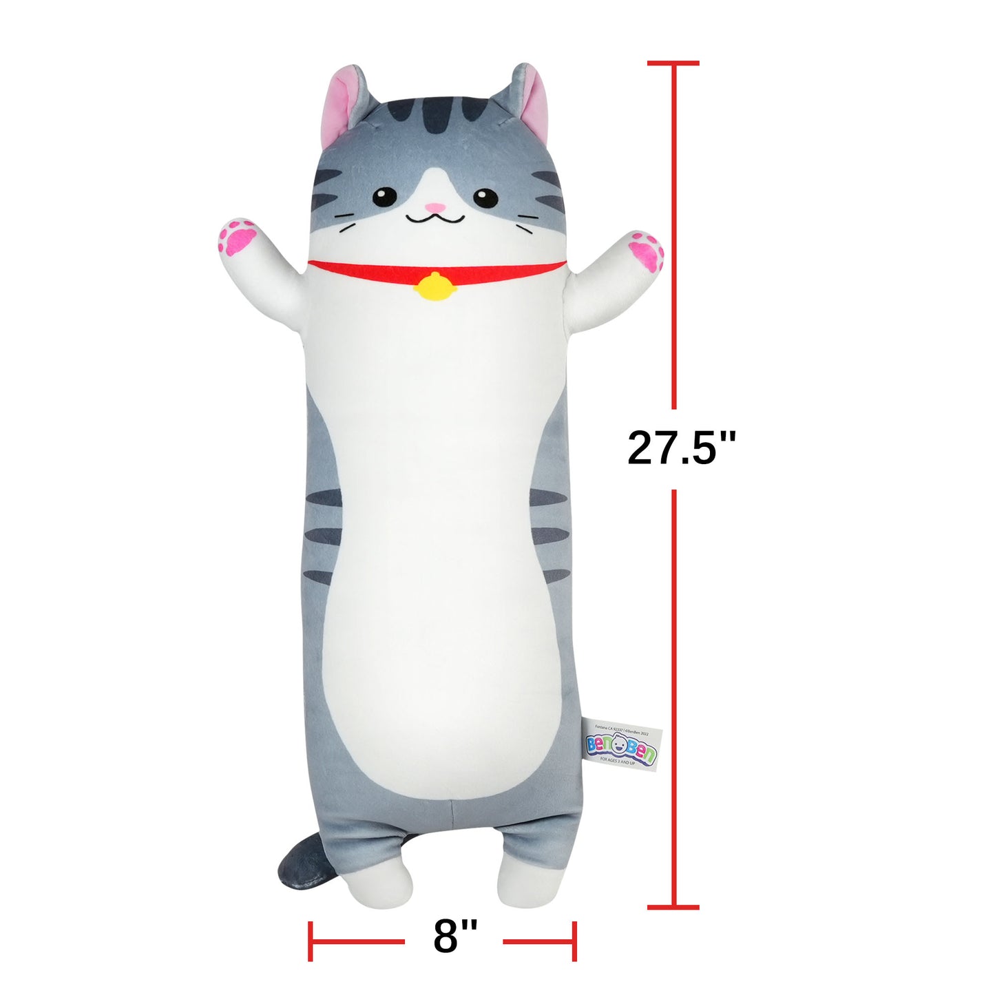 BenBen Grey Cat Soft Pillow, Stuffed Plush Long Throw Sleeping Pillow Toy