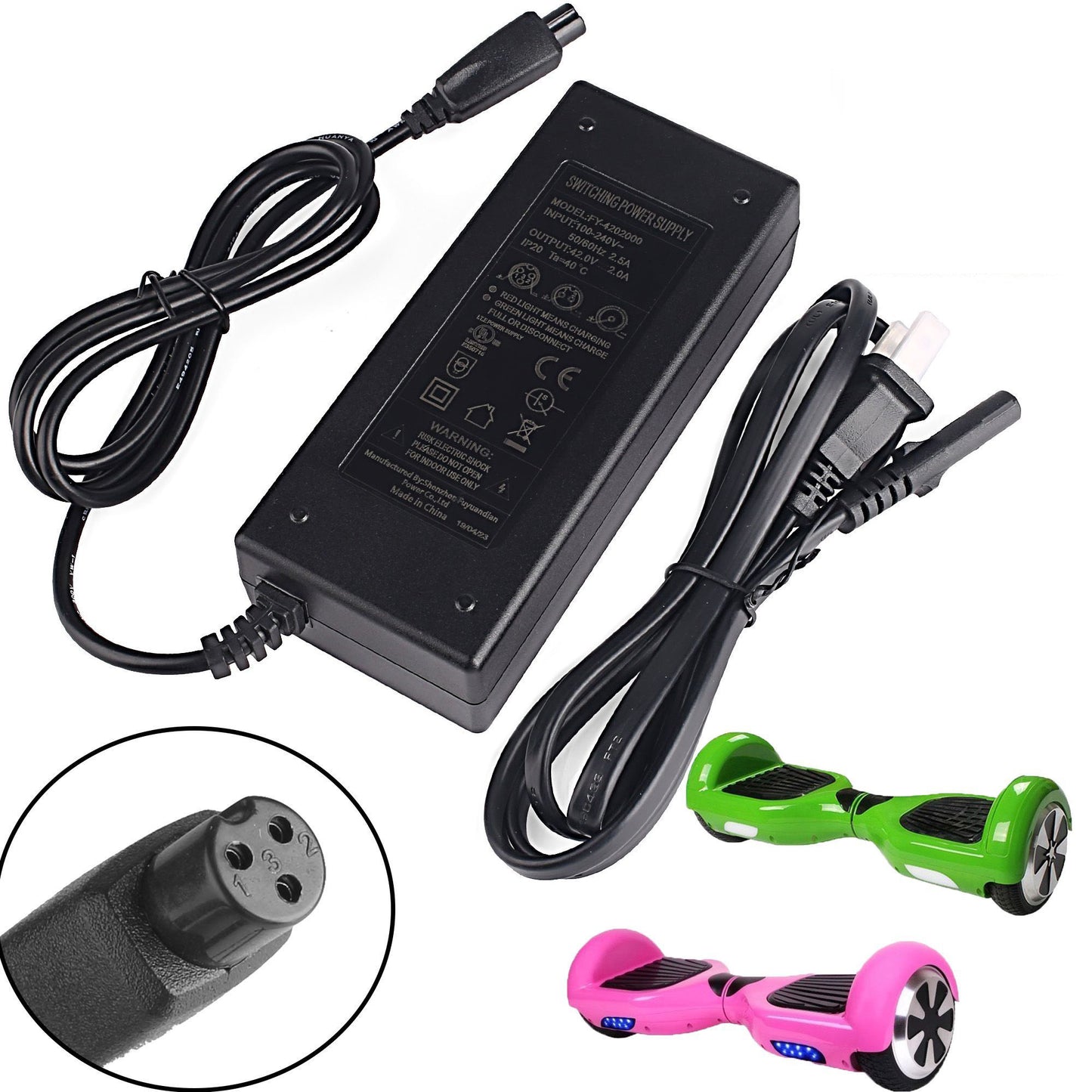 LotFancy 42V Battery Charger for Electric Scooters, 36V Lithium Battery, 2A Power Supply Adapter, UL Listed, Mini 3-Prong Inline Connector