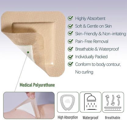 LotFancy Silicone Foam Dressing, Wound Dressing with Border, Bed Sores, Pressure Ulcers Healing Bandage Pad, Highly Absorbent, Waterproof