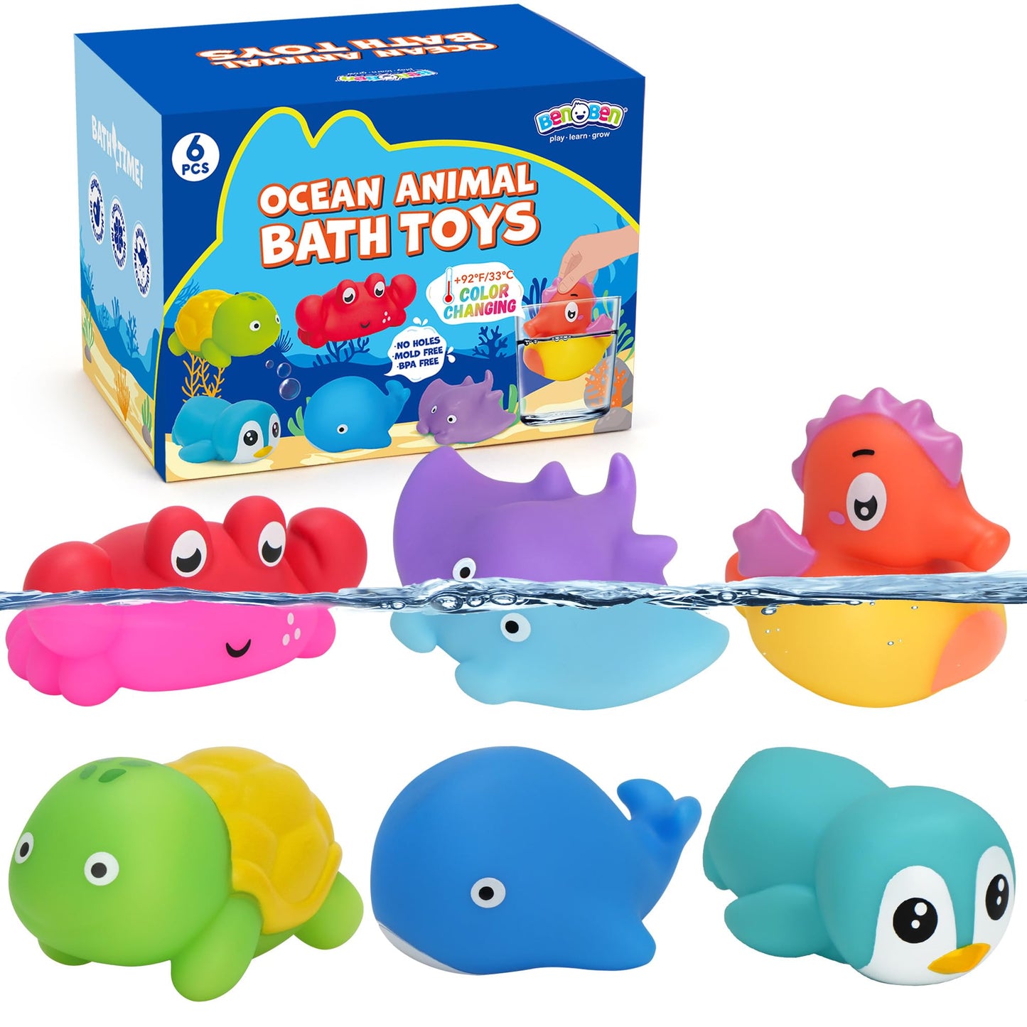 BenBen Bath Toy, 6PCS Color Changing Bath Toys for Kids Ages 1-3, No Holes Baby Bath Toys for Toddlers 2-4, Ocean Sea Animal Bathtub Toys