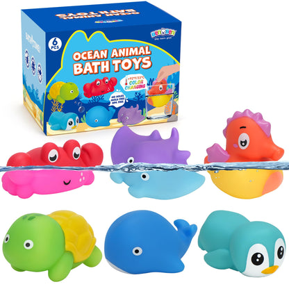 BenBen Bath Toy, 6PCS Color Changing Bath Toys for Kids Ages 1-3, No Holes Baby Bath Toys for Toddlers 2-4, Ocean Sea Animal Bathtub Toys