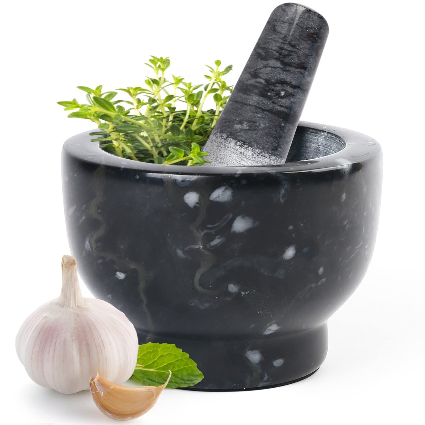 LotFancy Mortar and Pestle Set, 5 inch Large Black Solid Marble Mortar for Guacamole