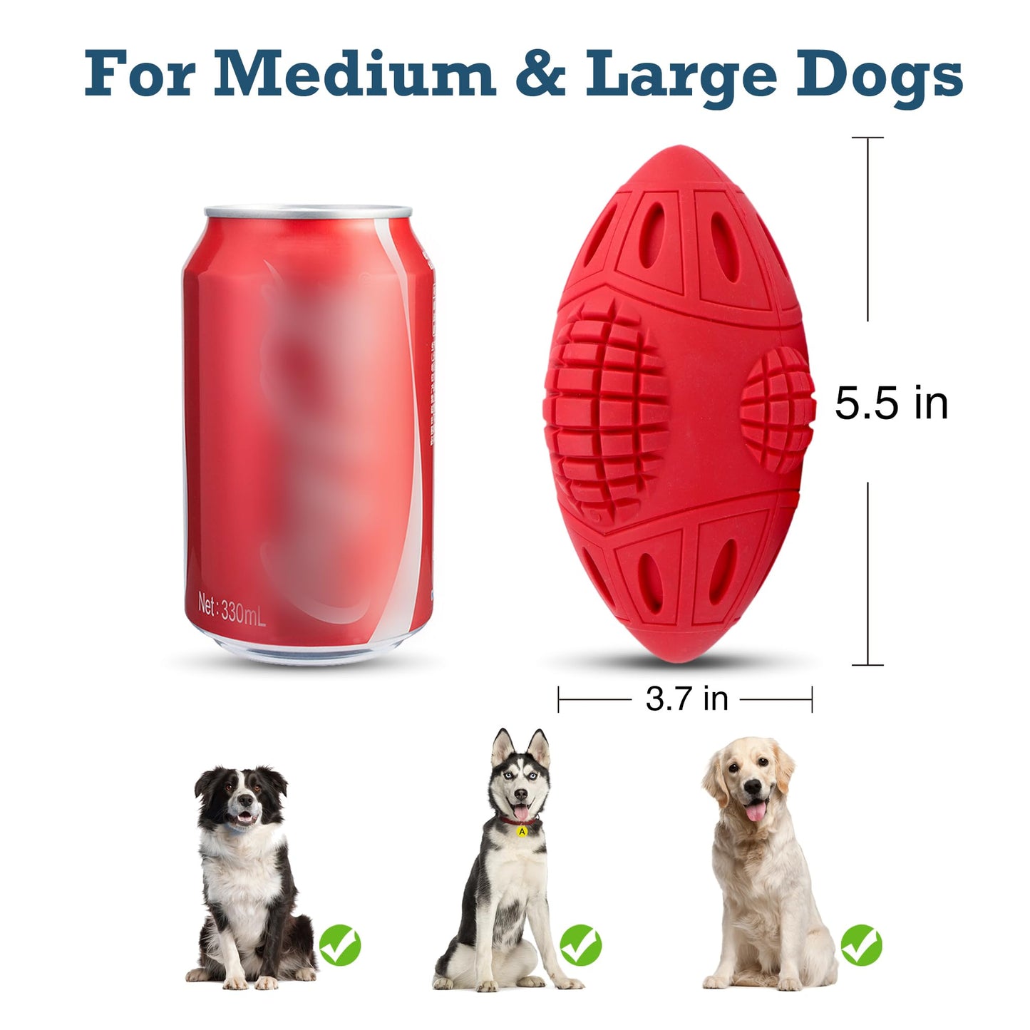 PrimePets Dog Toys for Aggressive Chewers, Tough Rubber Chew Toy for Large Medium Dogs, Red, Squeaky Dog Football for Interactive Fetching, Teeth Cleaning